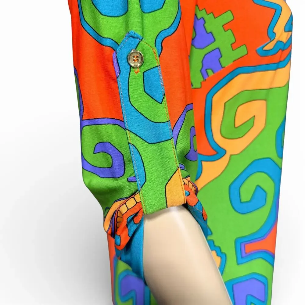 Donna Morgan Womens Tunic Shift Dress Retro Geo Print Pullover Green Orange Sz 6